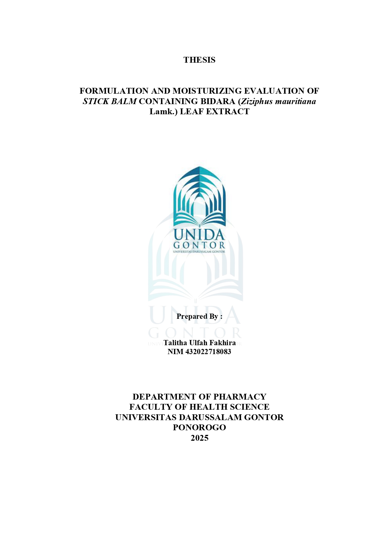 FORMULASI DAN UJI KELEMBAPAN SEDIAAN STICK BALM EKSTRAK DAUN BIDARA ARAB (Ziziphus mauritiana Lamk.)